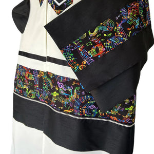 Tallit Set, Multicolor Music Design with Black Raw Silk Band, Fine White Cotton