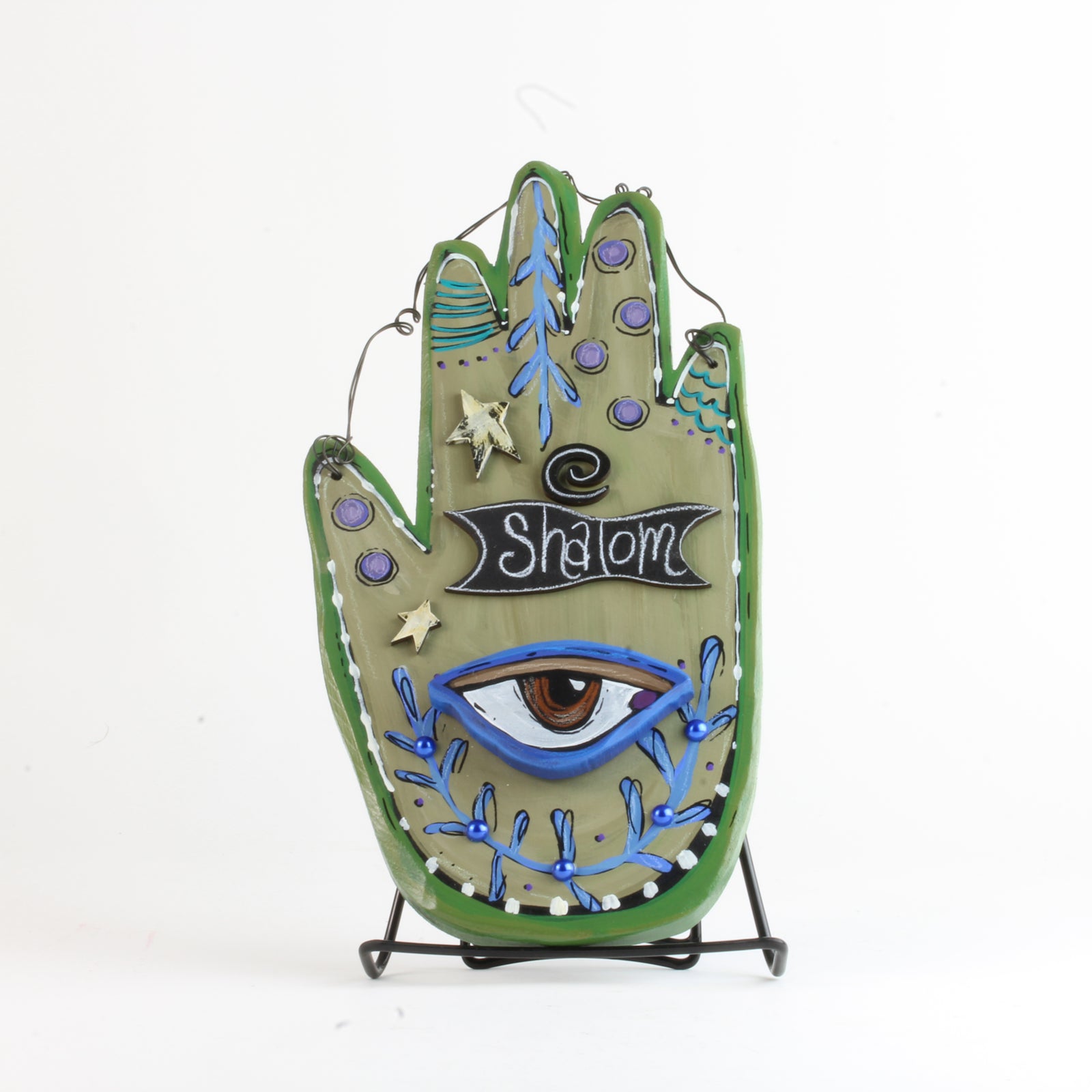 Hamsa, Wall Art, Hand Made, Painted Wood, Shalom, Eye on Brown