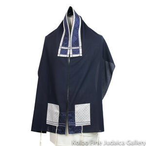 Tallit Set, Dark Blue, Navy and Silver Diamond Detail, One-Of-A-Kind