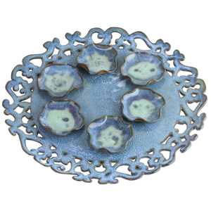 Seder Plate, Hand Drawn and Cut Design, Ceramic with Blue Glaze , One of a Kind Piece