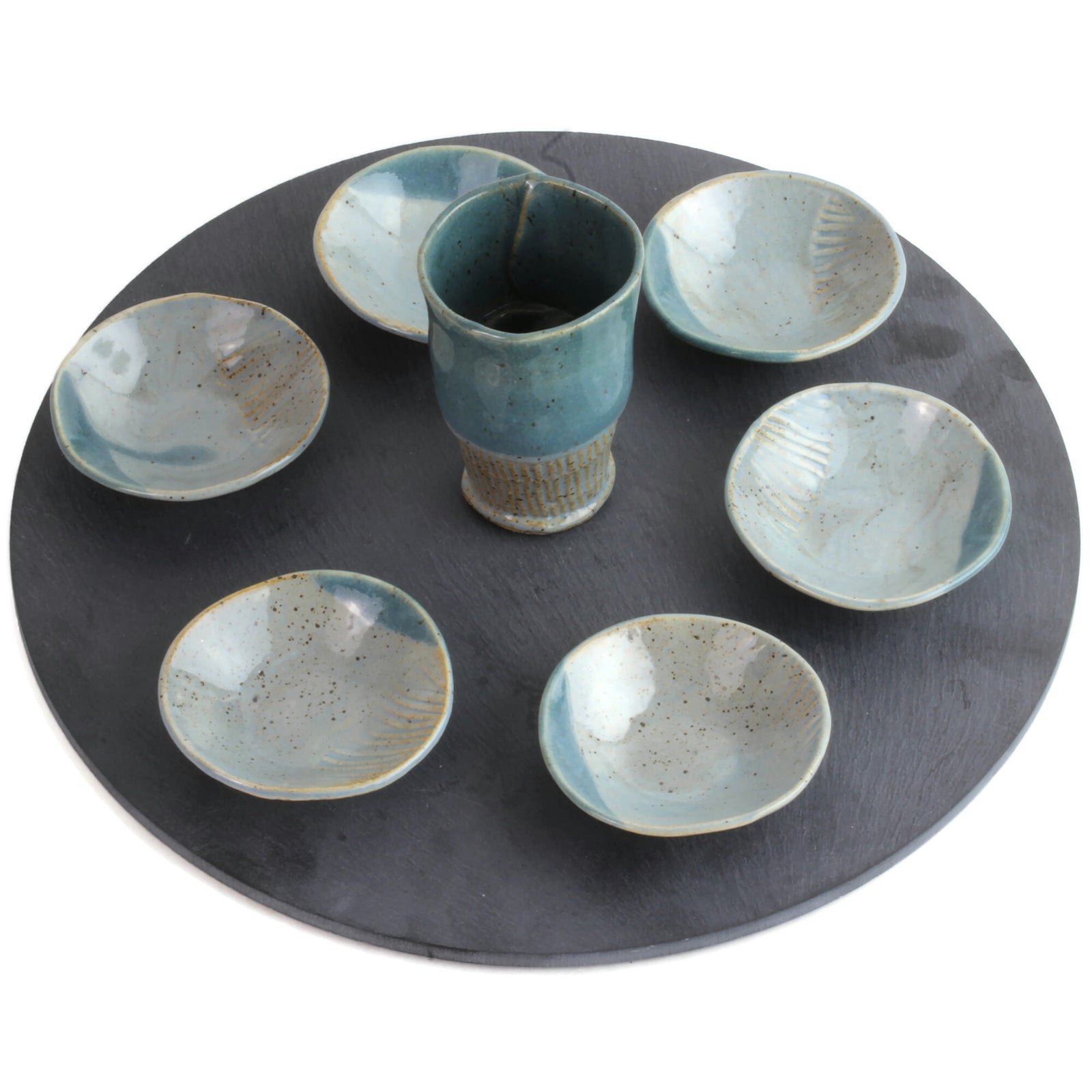 Seder Plate and Cup Set, Ceramic Dishes on Natural Round Slate, One of a Kind