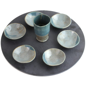Seder Plate and Cup Set, Ceramic Dishes on Natural Round Slate, One of a Kind
