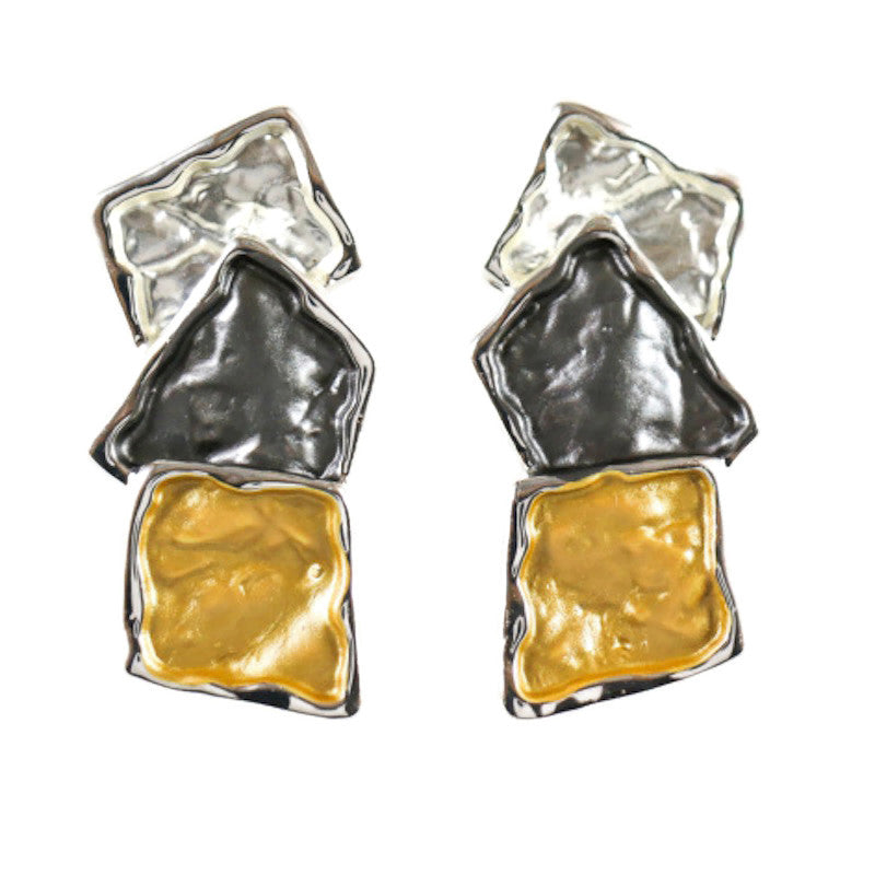 Earrings, Geometric Shapes, Silver and Gold Plate, Post