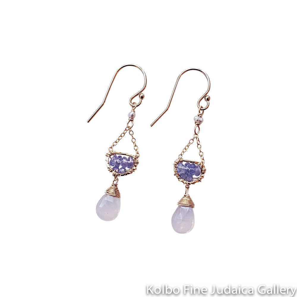 Earrings, Beaded Purple Tanzanite with Faceted Scorolite Drops, Gold Filled