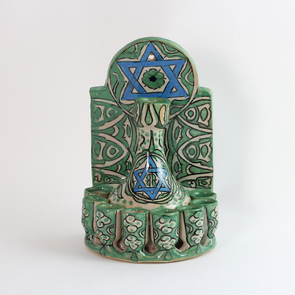 Menorah, Oil, Fountain Style, Green Ceramic, Hand-Painted in Morocco