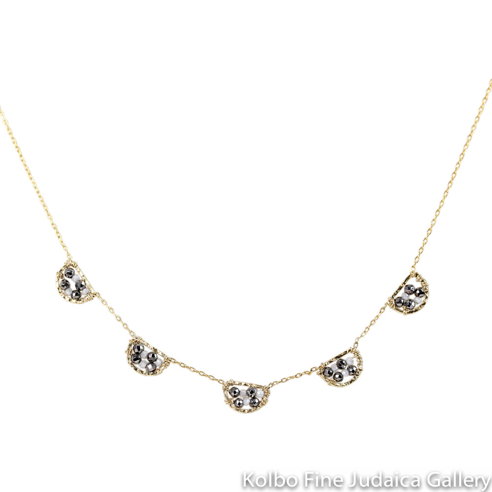 Necklace, Five Beaded Petals with Pyrite and White Natural Zircon on Gold Plated Chain