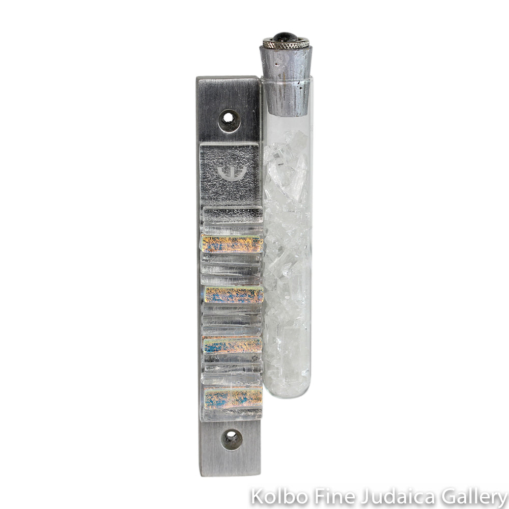 Wedding Glass Mezuzah, Iridescent Clear Glass, Tube on Side for Glass Shards
