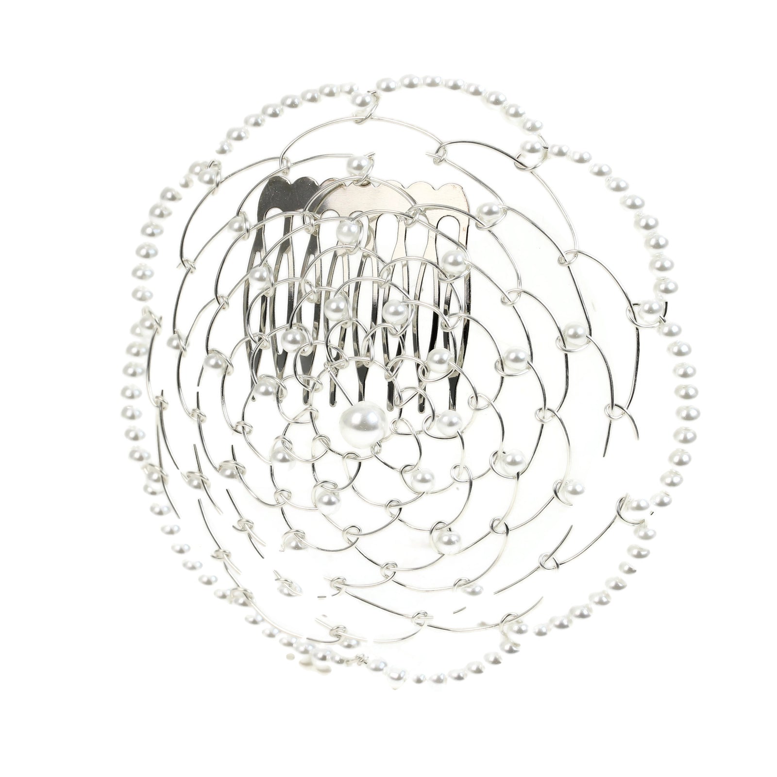 Kippah, Beaded Wire Kippah, White Beads, with Comb