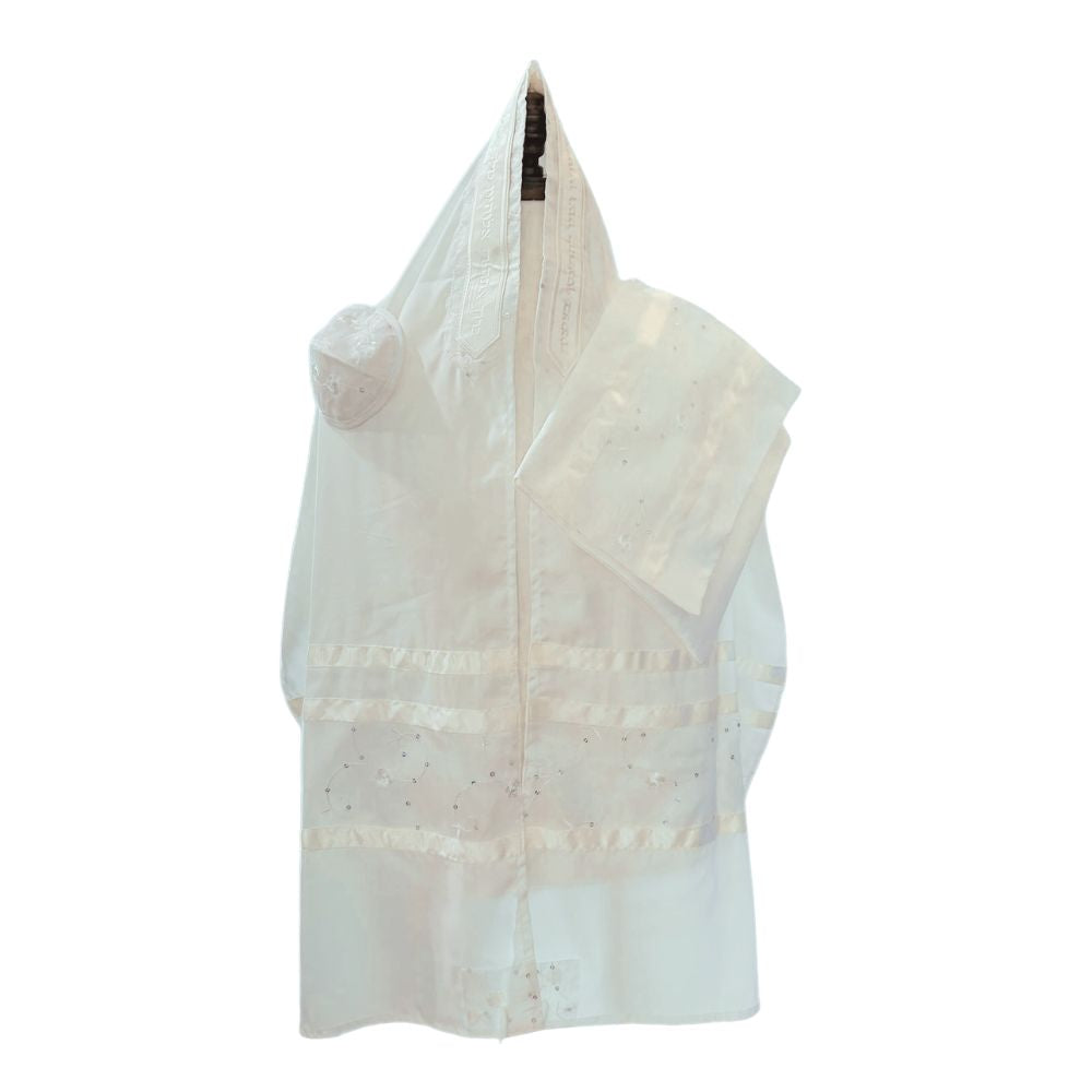 Tallit Set, White on White Floral Design with Sequins, Fine White Cotton