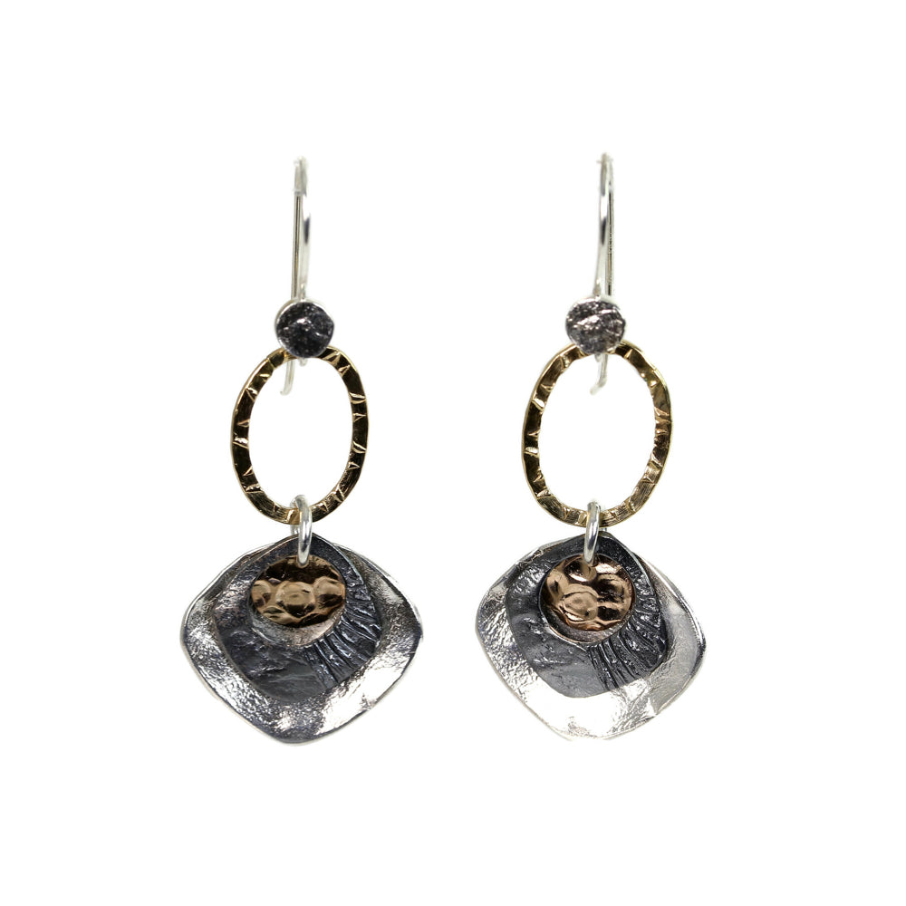 Earrings, Layered Sterling Silver, Gold Filled, and Oxidized Silver Design