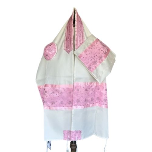 Tallit Set, Pink Flowers with Sequins, Brushed Cotton