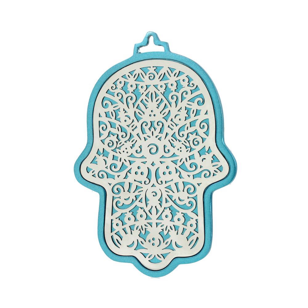 Hamsa, Turquoise with Pomegranates, Anodized Aluminum, 6"