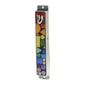 Mezuzah, Mosaic with Pride Colors, Silver Color Metal Backing