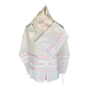 Tallit Set, Embroidered Vine Design in Pink on White Brushed Cotton