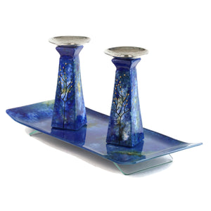Candlestick Tray, Hand Painted Blue and Green Tones, Glass