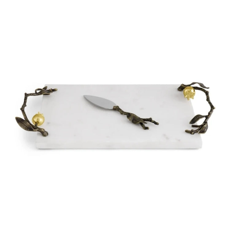 Serving Plate and Knife, Pomegranate Design, White Marble, 24K Gold Plate, Oxidized Brass, Stainless Steel