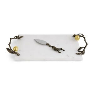 Serving Plate and Knife, Pomegranate Design, White Marble, 24K Gold Plate, Oxidized Brass, Stainless Steel