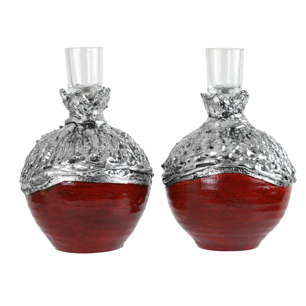Candlesticks, Pomegranate Design, Ceramic with Sterling Silver Plating