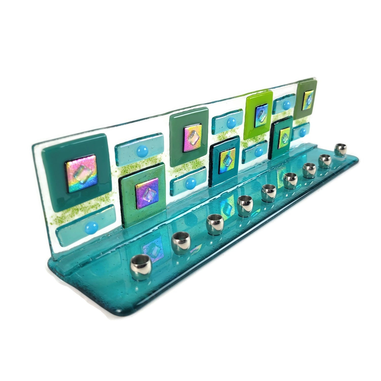 Menorah, Geometric Design, Green, Hand Made Fused Glass