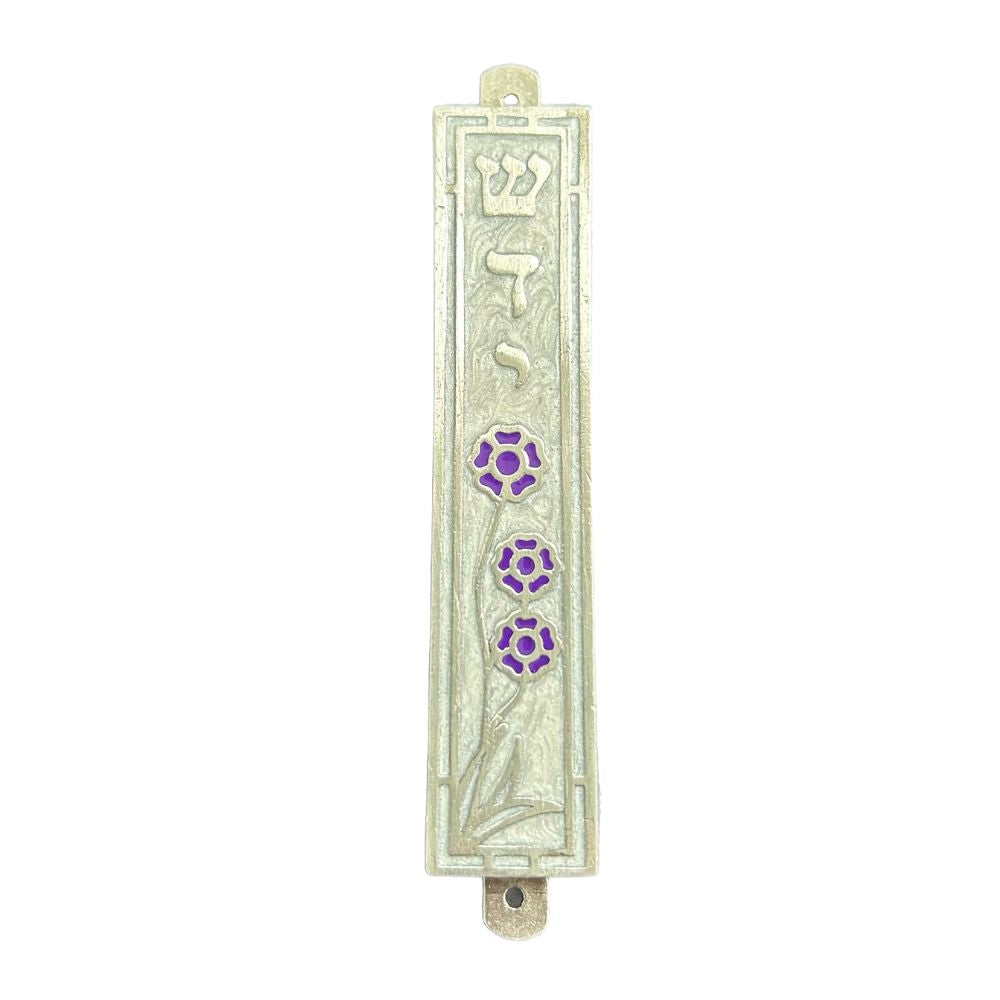 Mezuzah, Ivory with Purple Flowers, Pewter