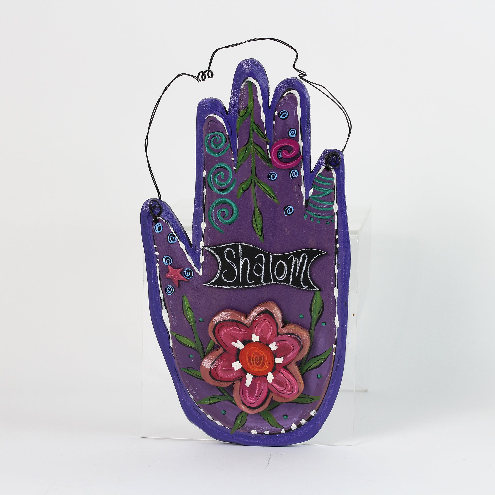 Hamsa, Wall Art, Hand Made, Painted Wood, Shalom, Flower on Purple