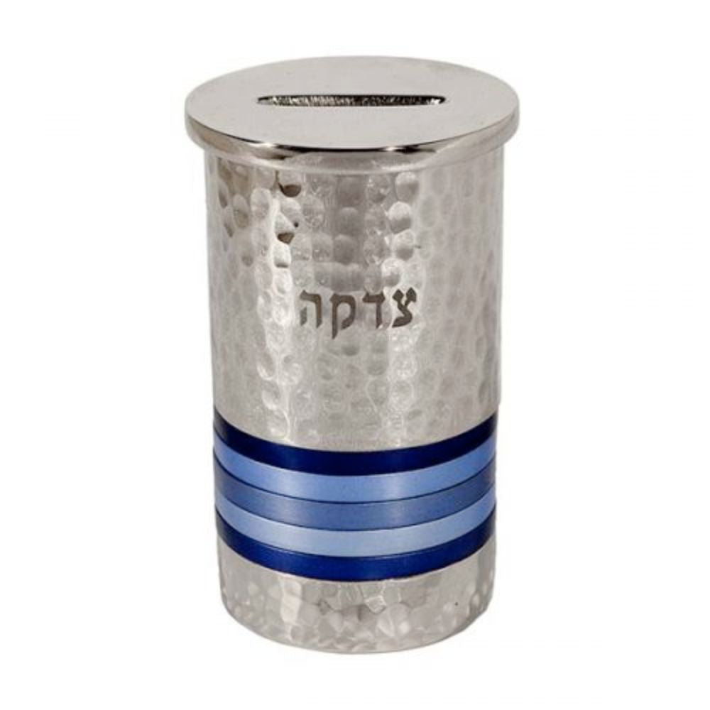 Tzedakah Box, Hammered with Multi Blue Rings