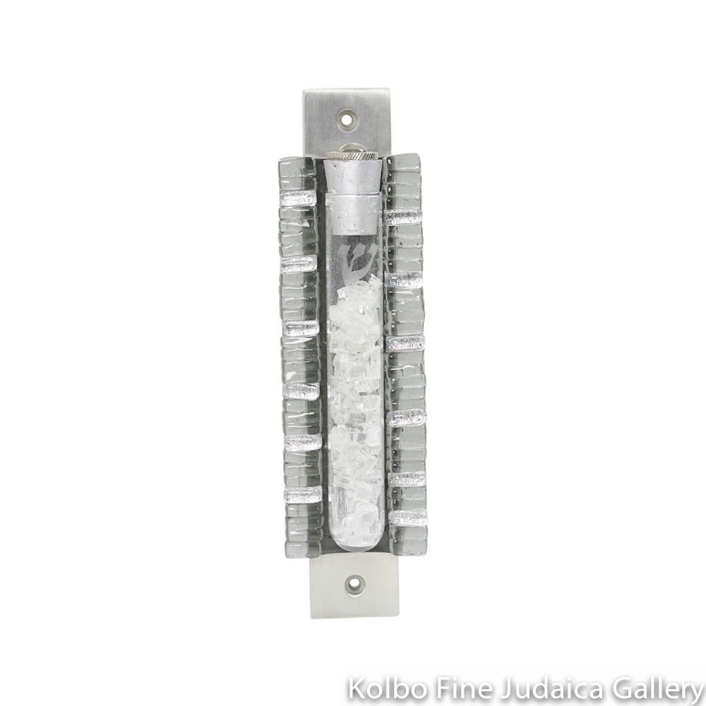 Wedding Glass Mezuzah, Double Sided, Iridescent with Gray and Silver