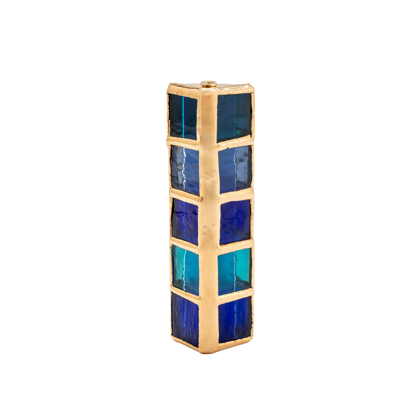 Mezuzah, Blue Stained Glass, 24K Gold Plated