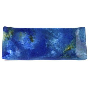 Candlestick Tray, Hand Painted Blue and Green Tones, Glass