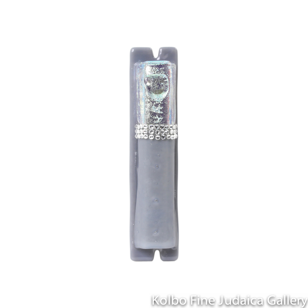 Mezuzah, Gray and Iridescent Silver Design, Fused Glass with Swarovski Crystals