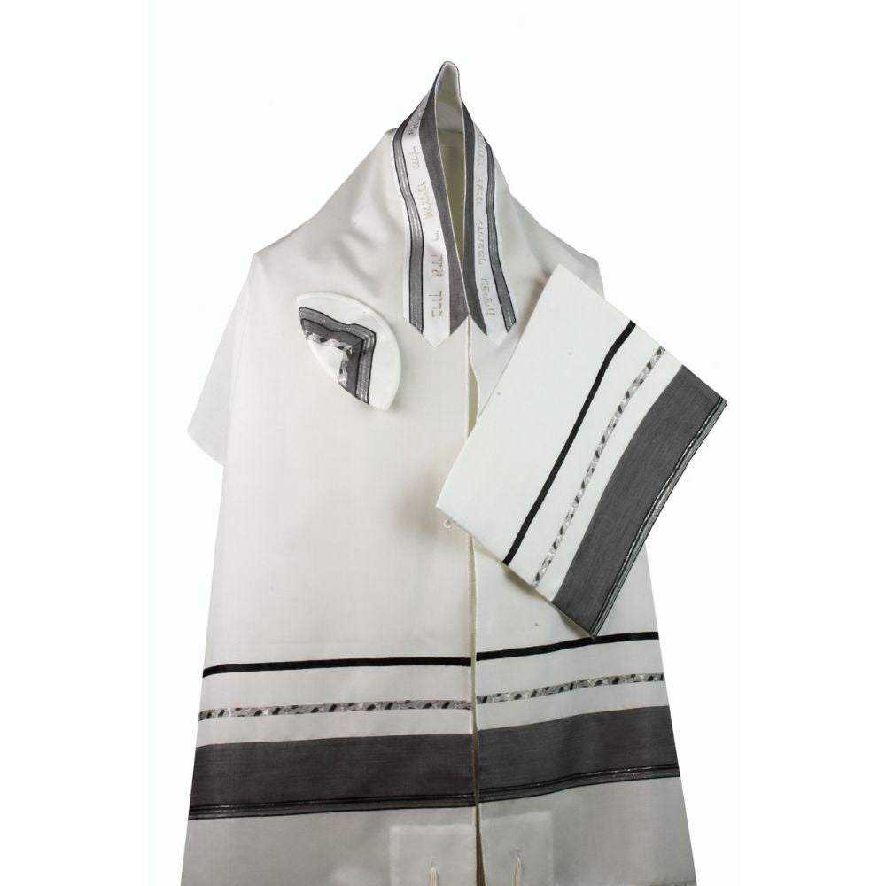 Tallit Set, Gray and Black with Silver Detail, Soft Wool, Three Piece Set