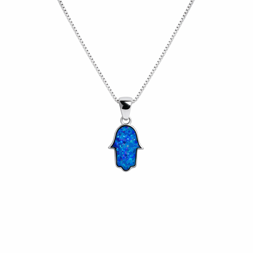 Necklace, Hamsa Fully Filled with Blue Opal, Sterling Silver, Includes Chain