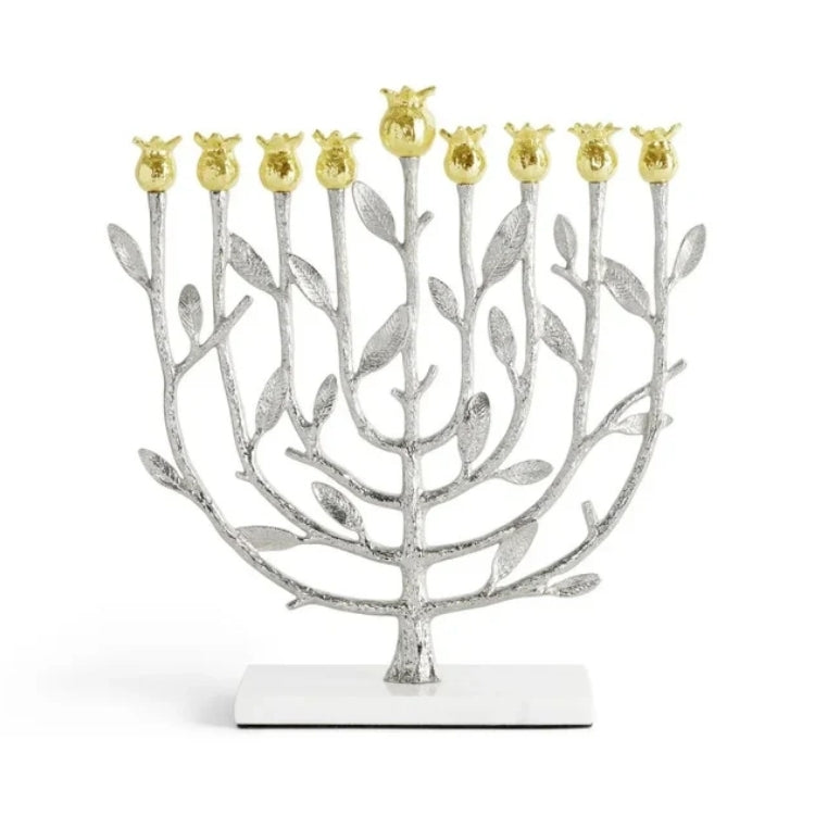 Menorah, Pomegranate Design with Nickelplate, 24K Gold Plate, Marble