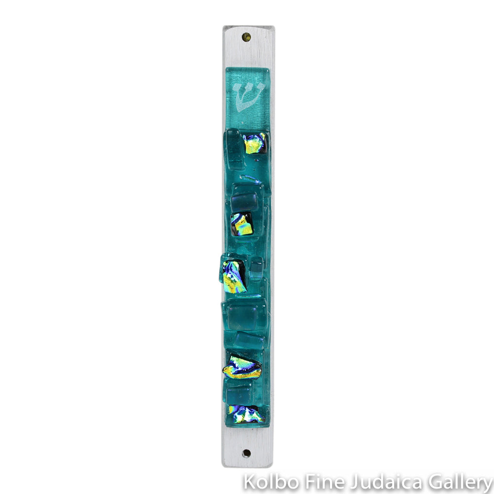 Mezuzah, Western Wall, Thin, Layered Aqua Glass on Pewter with Enclosed Backing