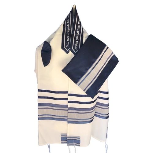 Tallit Set, White Wool with Blue and Gray Ribbon, 20x73