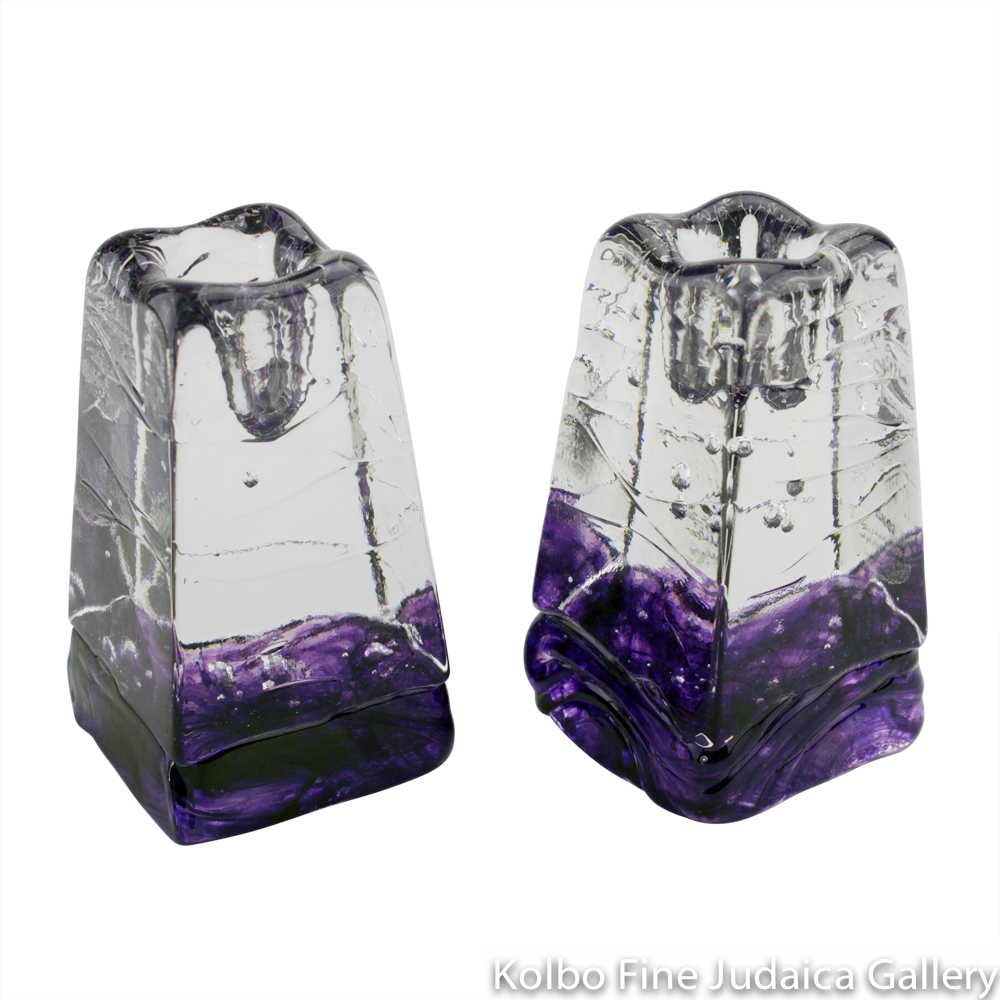 Candlesticks, Clear Glass Obelisk with Purple Base, Includes Drip Cups