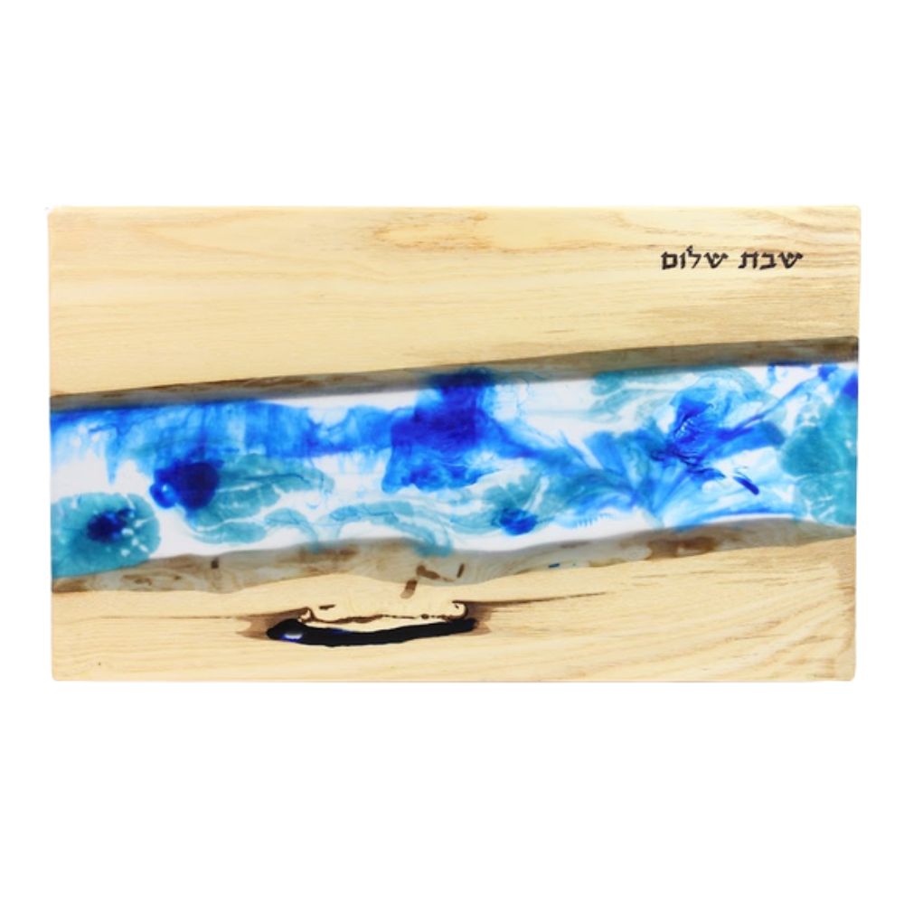 Challah Board, Ash Wood with Horizontal Blue and Aqua Epoxy