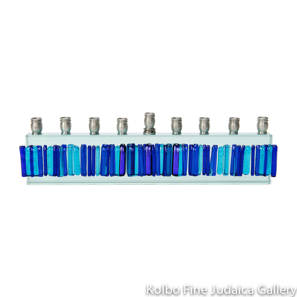 Menorah, Vertical Blues, Icicle Design, Fused Glass