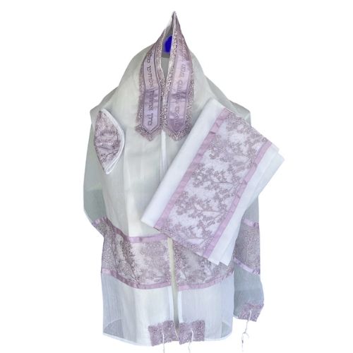 Tallit Set, Lavender Floral Design on Fine White Cotton