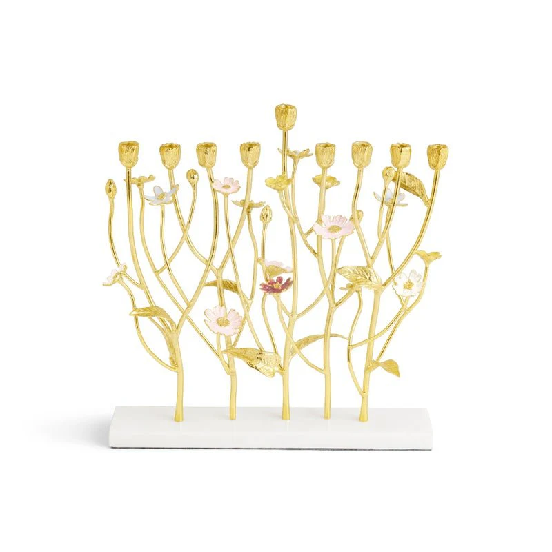 Menorah, Wildflower Design, Brass, Marble, Goldtone and Enamel