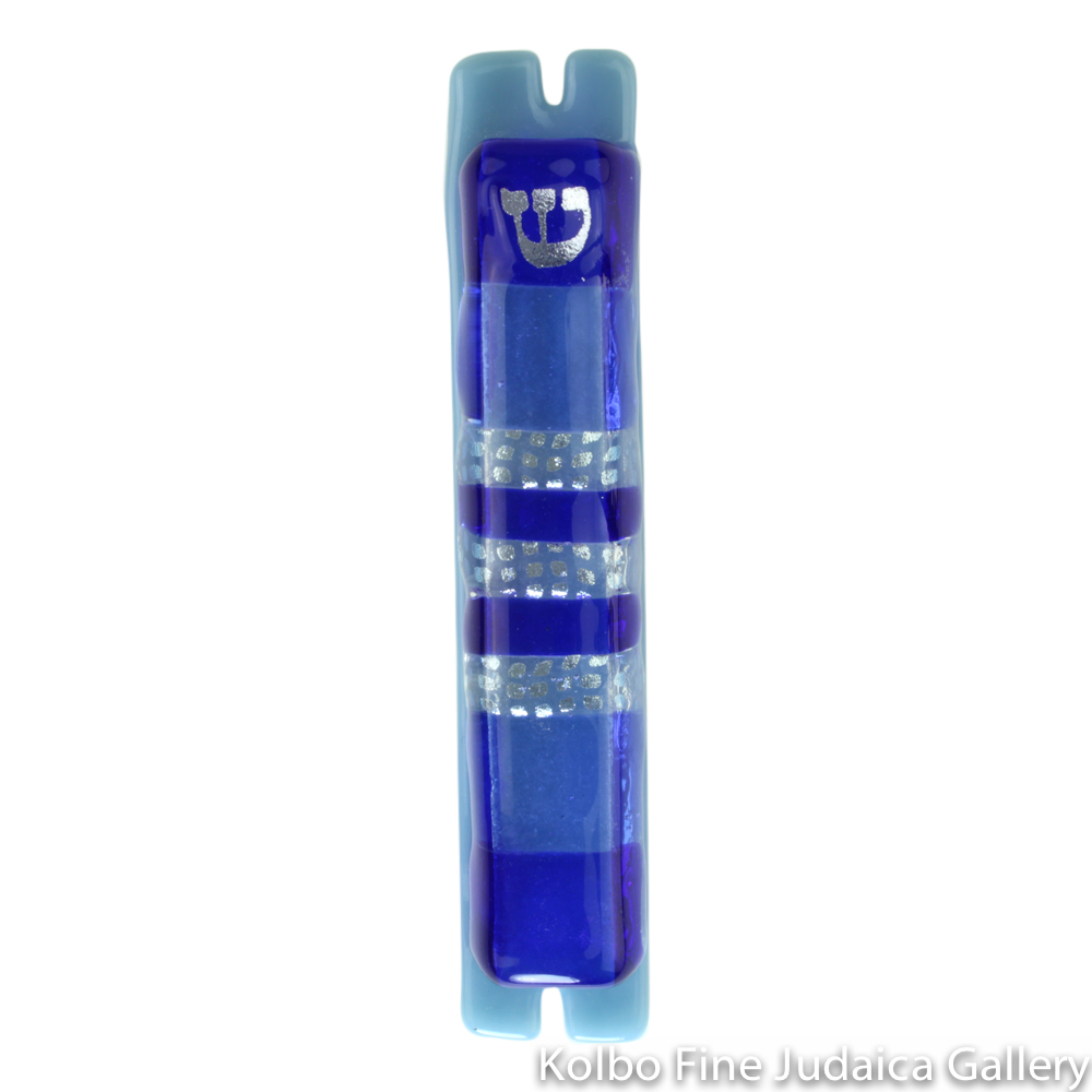 Mezuzah, Fused Glass, Cobalt, Clear and Patterned Silver Horizontal Stripes on Light Blue Backing