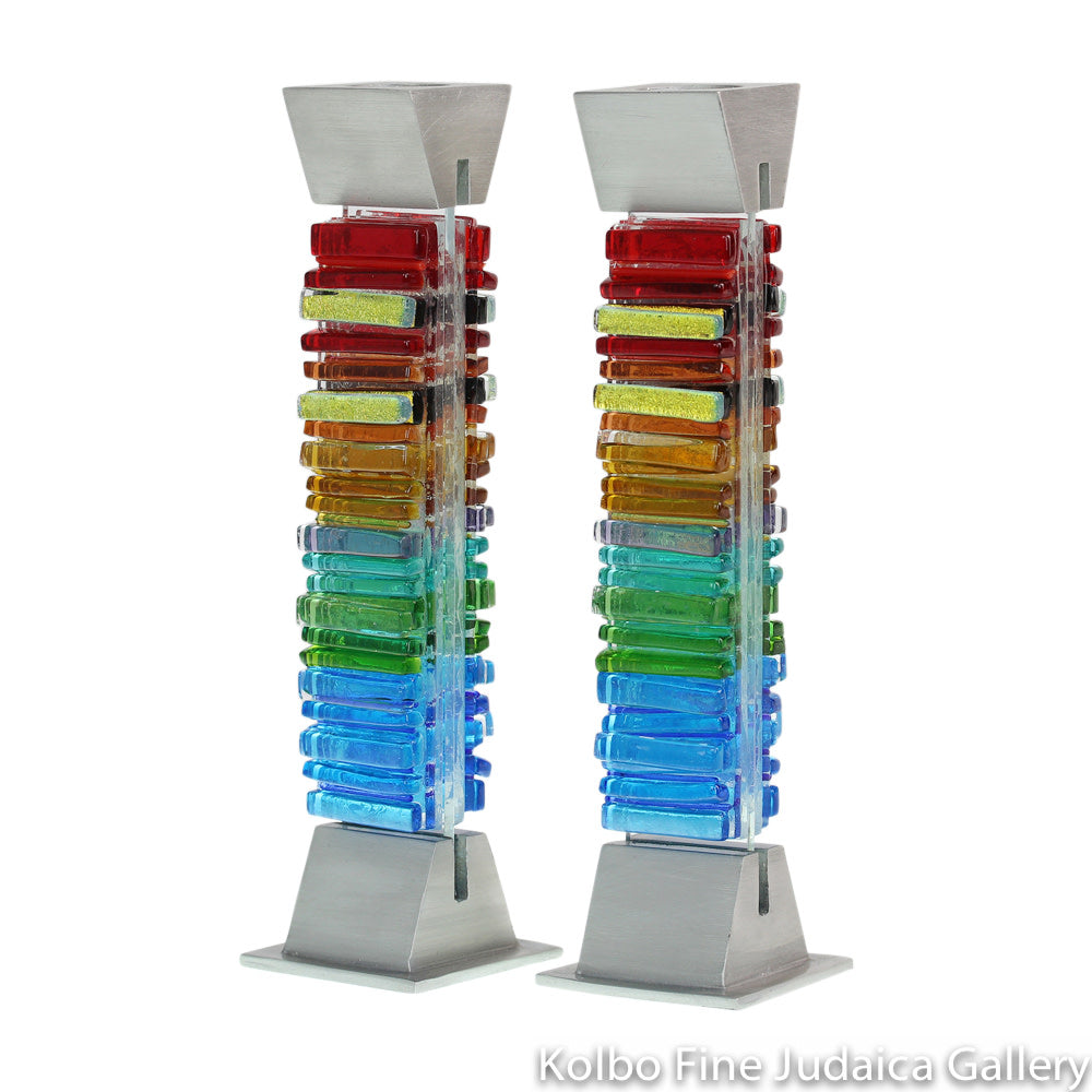 Candlesticks, Iridescent Icicle Design in Rainbow, Glass and Metal