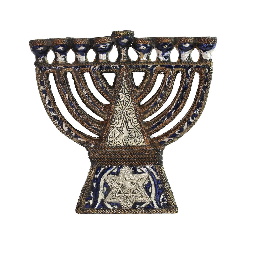 Menorah, Cobalt and White Ceramic with Metalwork, Hand-Painted in Morocco