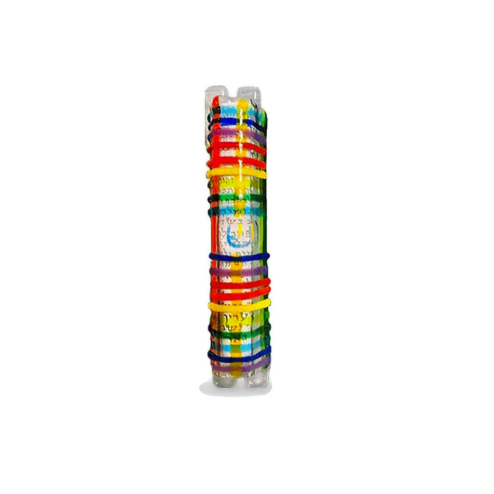 Mezuzah, Woven Rainbow Design, Fused Glass