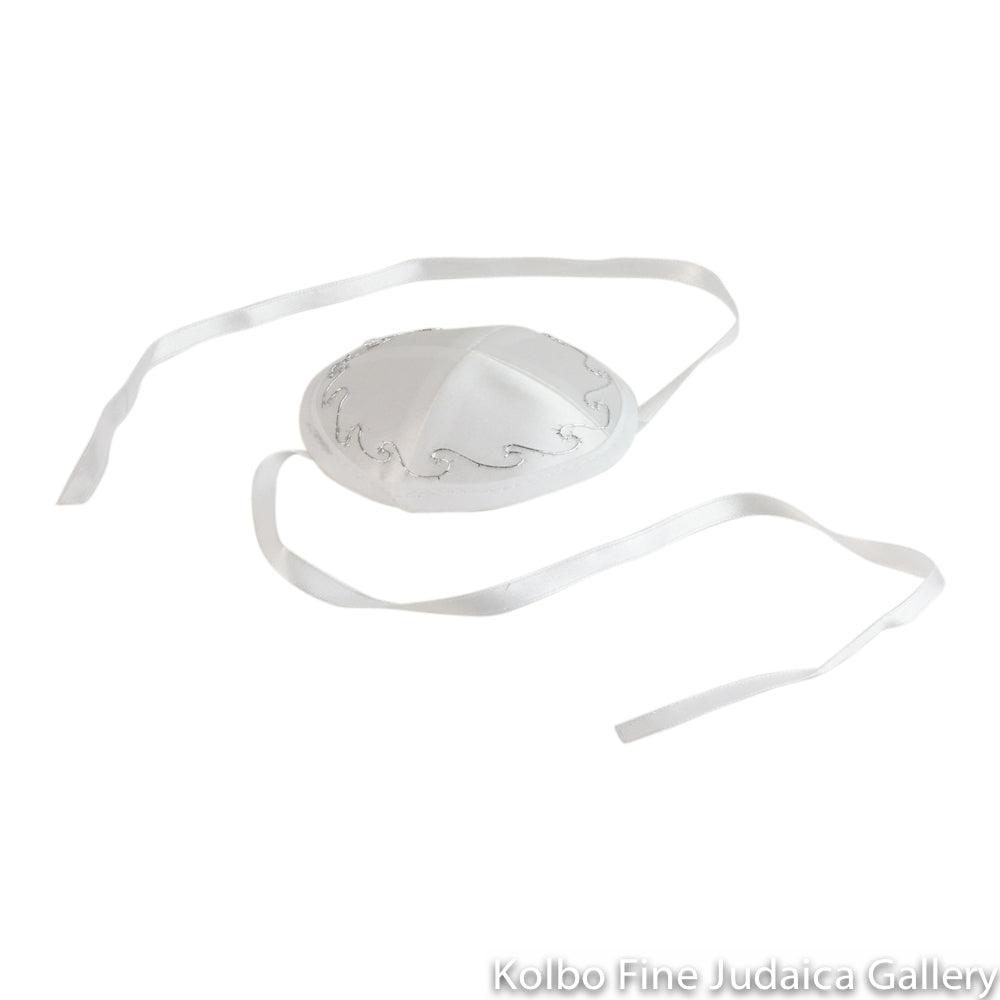 Kippah For Baby, White Satin with Strings