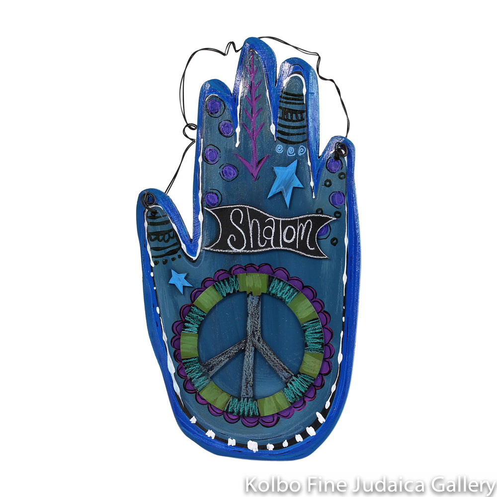 Hamsa, Wall Art, Hand Made, Painted Wood, Shalom, Peace on Blue