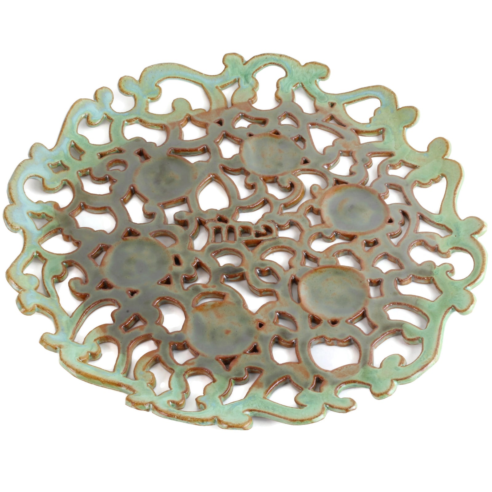 Seder Plate, Hand Drawn and Cut Design, Ceramic with Patina Glaze , One of a Kind Piece