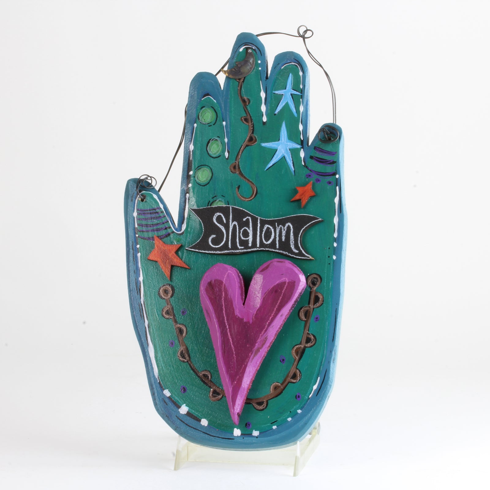 Hamsa, Wall Art, Hand Made, Painted Wood, Shalom, Heart on Teal
