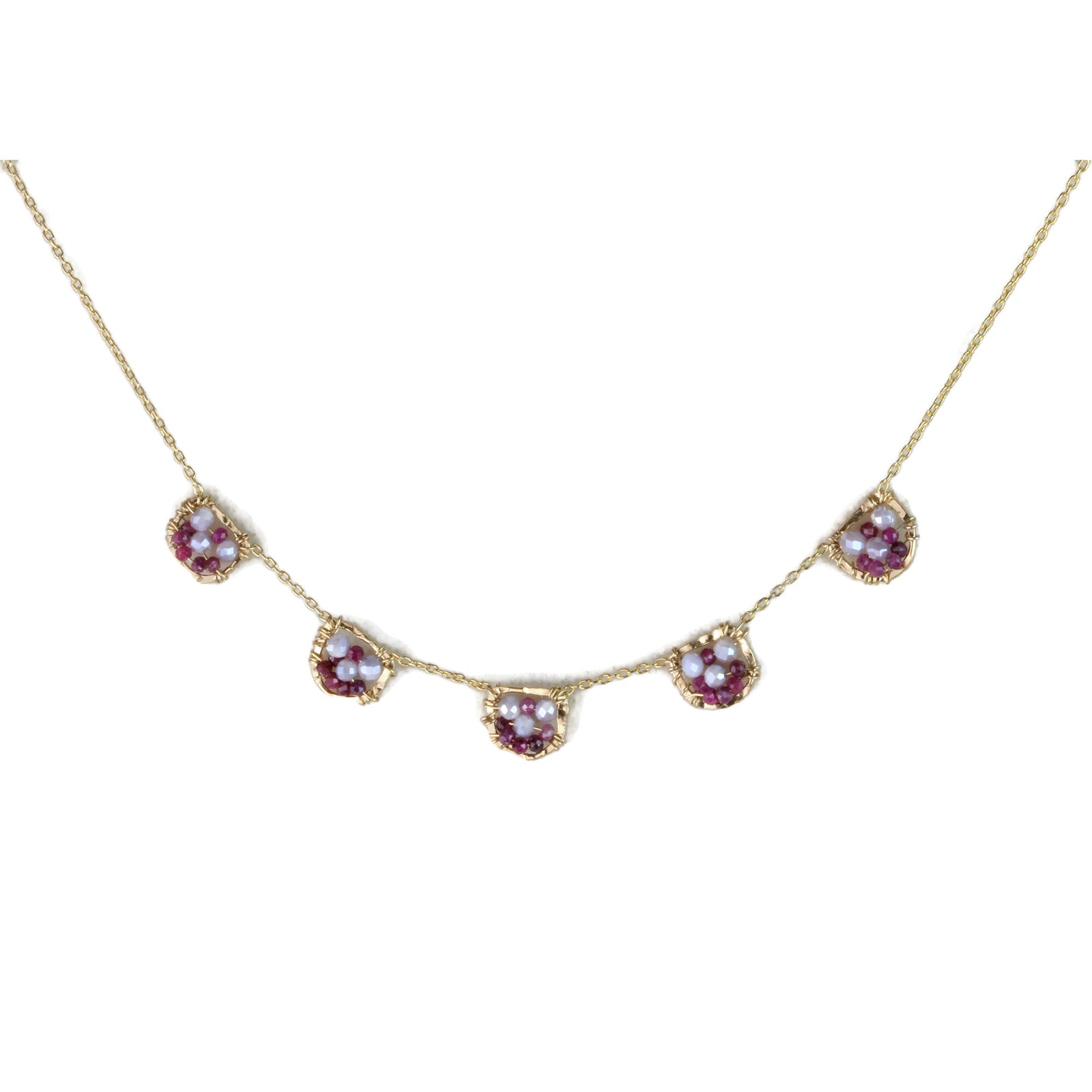 Necklace, Beaded Plum Petals, Ruby, Lavender Coated Moonstone, Gold-Filled Chain