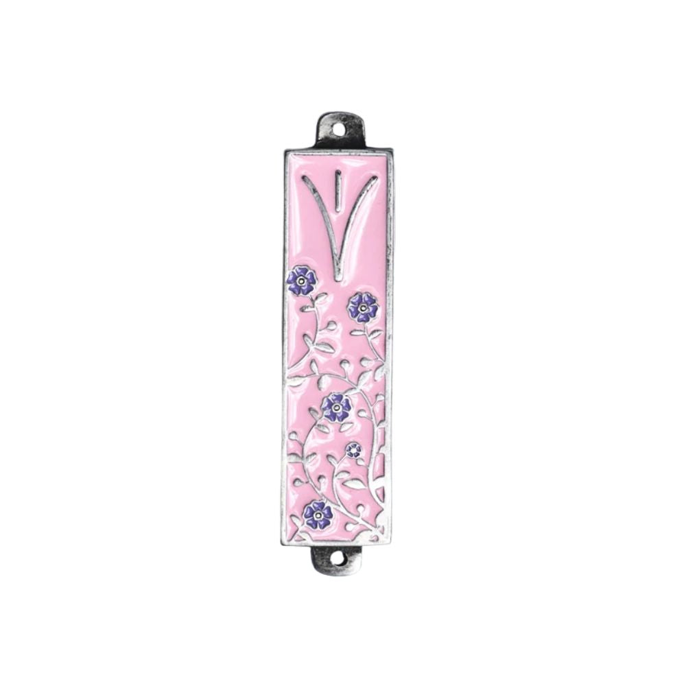 Mezuzah, Light Pink Background with Purple Flower Design, Pewter with Enamel